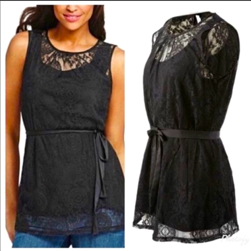Cabi 942 NWT Date Night Tunic Black Lace with Belt